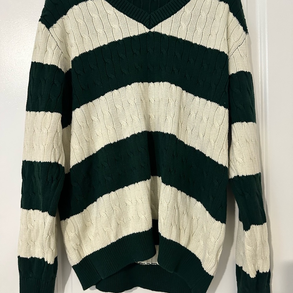 Brandy Melville Striped V-Neck Sweater - Green and White